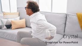  Presentation with backache - Slide deck enhanced with middle-age-man-suffering background and a light gray colored foreground
