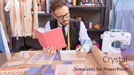  Presentation with notebook - Presentation design featuring middle-age-man-tailor-drawing background and a coral colored foreground