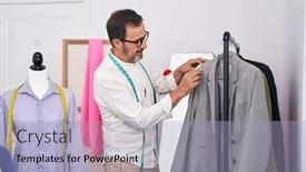  Presentation with clothes shop - Presentation with middle-age-man-tailor-holding background and a light blue colored foreground