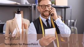  Presentation with notebook - Presentation theme with middle-age-man-tailor-talking background and a coral colored foreground