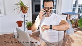  Presentation with smartphone - PPT theme having middle-age-man-talking background and a coral colored foreground