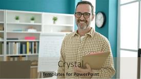  Presentation with teacher - Slide deck featuring middle-age-man-teacher-smiling background and a coral colored foreground