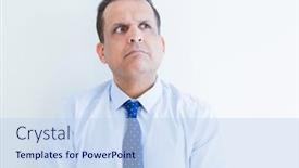  Presentation with thinking - Audience pleasing PPT theme consisting of middle age man thinking clueless about a question backdrop and a sky blue colored foreground