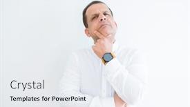  Presentation with critical thinking - Cool new presentation theme with middle age man thinking clueless about a question backdrop and a sky blue colored foreground