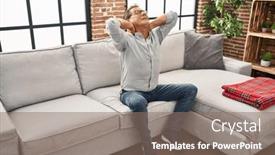  Presentation with free aging at home - Presentation design consisting of middle-age-man-touching-neck background and a violet colored foreground