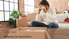  Presentation with new home - Slides featuring middle-age-man-unpacking-cardboard background and a coral colored foreground
