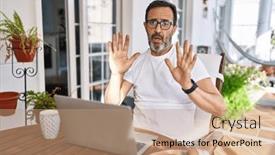  Presentation with forbidden - Presentation theme featuring middle-age-man-using-computer background and a coral colored foreground