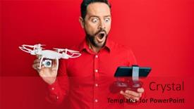  Presentation with face expression recognition - Audience pleasing theme consisting of middle-age-man-using-drone backdrop and a crimson colored foreground
