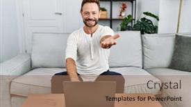  Presentation with hand palm - Presentation design having middle-age-man-using-laptop background and a coral colored foreground