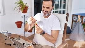  Presentation with medicine syrup - PPT theme featuring middle-age-man-using-laptop background and a coral colored foreground