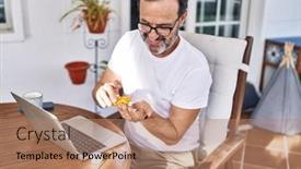  Presentation with pills - Presentation theme with middle-age-man-using-laptop background and a coral colored foreground