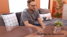  Presentation with laptop - Presentation theme with middle-age-man-using-laptop background and a coral colored foreground