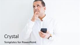  Presentation with questions question marks idea - Theme having middle age man using smartphone background and a  colored foreground