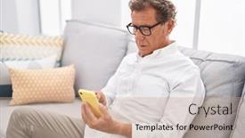  Presentation with smartphone - PPT theme having middle-age-man-using-smartphone background and a coral colored foreground