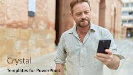  Presentation with smartphone - PPT theme with middle-age-man-using-smartphone and a soft green colored foreground