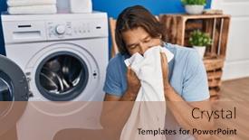  Presentation with laundry room - Presentation theme consisting of middle-age-man-washing-clothes background and a coral colored foreground