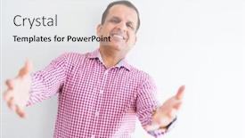  Presentation with hug - Audience pleasing slide set consisting of middle age man wearing business shirt over white wall looking at the camera smiling with open arms for hug cheerful expression embracing happiness backdrop and a white colored foreground