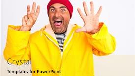  Presentation with eight - Presentation design with middle age man wearing rain coat and woolen hat standing over isolated white background showing and pointing up with fingers number eight while smiling confident and happy background and a yellow colored foreground