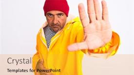  Presentation with hand palm - Presentation design consisting of middle-age-man-wearing-rain background and a gold colored foreground