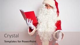  Presentation with business book - PPT theme consisting of middle age man wearing santa claus costume reading book over isolated white background smiling friendly offering handshake as greeting and welcoming successful business background and a coral colored foreground
