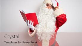  Presentation with memory book - PPT theme with middle age man wearing santa claus costume reading book over isolated white background surprised with hand on head for mistake remember error forgot bad memory concept background and a coral colored foreground