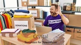  Presentation with volunteer - Presentation theme with middle-age-man-wearing-volunteer background and a coral colored foreground