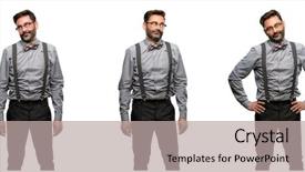  Presentation with fixing his black bow tie - Presentation with middle age man with beard background and a  colored foreground