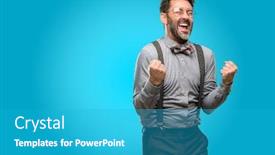  Presentation with winning - Cool new slides with middle age man with beard and bow tie happy and excited expressing winning gesture successful and celebrating victory triumphant backdrop and a teal colored foreground