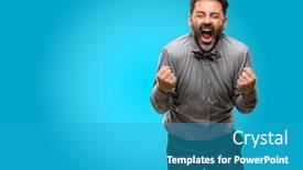  Presentation with power energy - PPT theme featuring middle age man with beard and bow tie happy and excited celebrating victory expressing big success power energy and positive emotions celebrates new job joyful background and a teal colored foreground