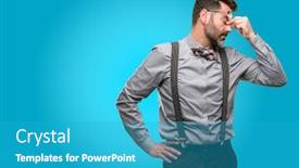  Presentation with overworked - Amazing slide deck having middle age man with beard and bow tie with sleepy expression being overworked and tired rubbes nose because of weariness backdrop and a teal colored foreground