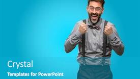  Presentation with winning - Audience pleasing theme consisting of middle age man with beard and bow tie happy and excited expressing winning gesture successful and celebrating victory triumphant backdrop and a teal colored foreground