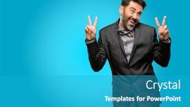  Presentation with winning - Audience pleasing theme consisting of middle age man with beard and bow tie happy and excited expressing winning gesture successful and celebrating victory triumphant backdrop and a teal colored foreground