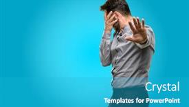  Presentation with tie - Slide deck with middle age man with beard and bow tie stressful and shy keeping hand on head tired and frustrated background and a teal colored foreground