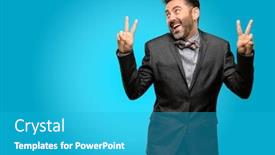  Presentation with winning - Audience pleasing presentation consisting of middle age man with beard and bow tie happy and excited expressing winning gesture successful and celebrating victory triumphant backdrop and a teal colored foreground