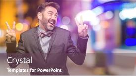  Presentation with night club - Beautiful presentation theme featuring middle age man with beard and bow tie happy and excited expressing winning gesture successful and celebrating victory triumphant at night club backdrop and a violet colored foreground