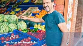  Presentation with grocery - Presentation design consisting of middle-age-man-with-beard background and a ocean colored foreground