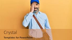  Presentation with courier delivery - Beautiful PPT layouts featuring middle-age-man-with-beard backdrop and a gold colored foreground