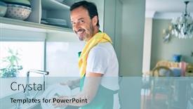  Presentation with beard - Slide deck having middle-age-man-with-beard background and a light blue colored foreground