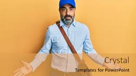  Presentation with courier delivery - Colorful presentation theme enhanced with middle-age-man-with-beard backdrop and a yellow colored foreground