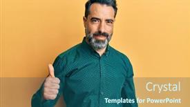  Presentation with business success - PPT layouts featuring middle-age-man-with-beard background and a ocean colored foreground