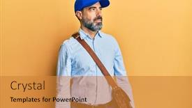  Presentation with courier delivery - PPT theme with middle-age-man-with-beard background and a gold colored foreground