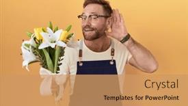  Presentation with hand holding flowers - Slides consisting of middle-age-man-with-beard background and a coral colored foreground