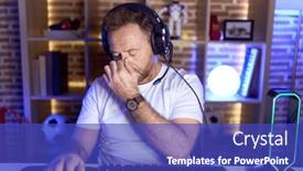  Presentation with video games playing - PPT layouts featuring middle-age-man-with-beard background and a royal blue colored foreground