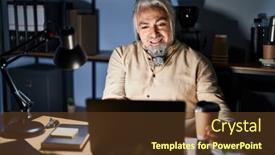  Presentation with hand palm - PPT theme featuring middle-age-man-with-grey background and a tawny brown colored foreground