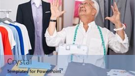  Presentation with sewing machine - Presentation design featuring middle-age-man-with-grey background and a light blue colored foreground