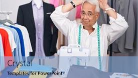  Presentation with sewing machine - Slides featuring middle-age-man-with-grey background and a light blue colored foreground