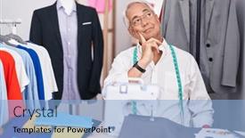  Presentation with sewing machine - PPT theme having middle-age-man-with-grey background and a light blue colored foreground