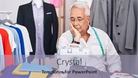  Presentation with sewing machine - PPT theme consisting of middle-age-man-with-grey background and a light blue colored foreground