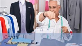  Presentation with sewing machine safety - Slide deck with middle-age-man-with-grey background and a light blue colored foreground