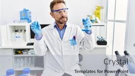  Presentation with laboratory chemical - PPT theme consisting of middle-age-man-working background and a light gray colored foreground